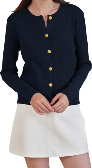 Women's Cardigan Sweater Lightweight Button Long Sleeve Top Fall Crew Neck Knit Solid Jackets Outfits