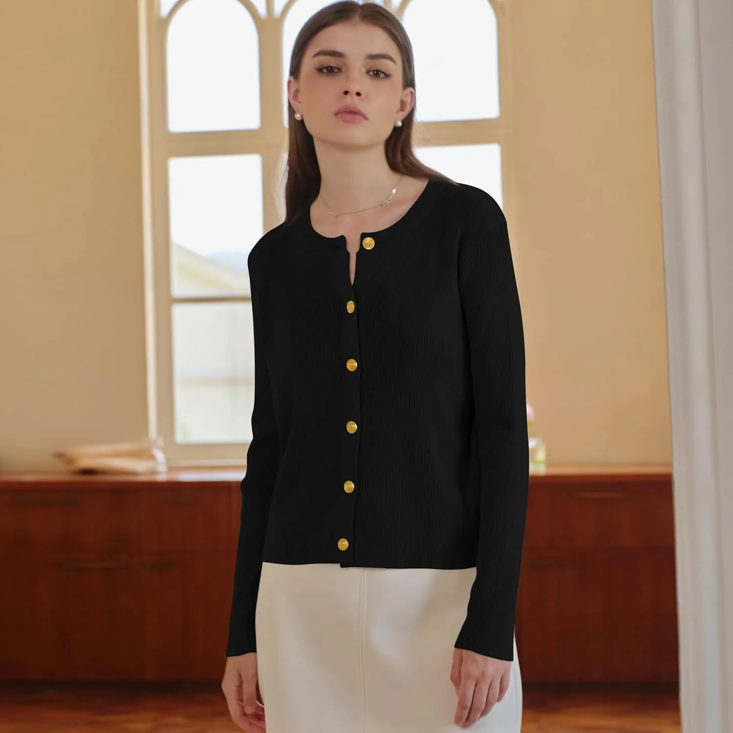 Women's Cardigan Sweater Lightweight Button Long Sleeve Top Fall Crew Neck Knit Solid Jackets Outfits