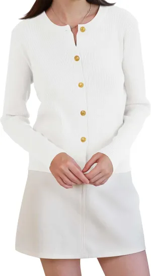 Women's Cardigan Sweater Lightweight Button Long Sleeve Top Fall Crew Neck Knit Solid Jackets Outfits