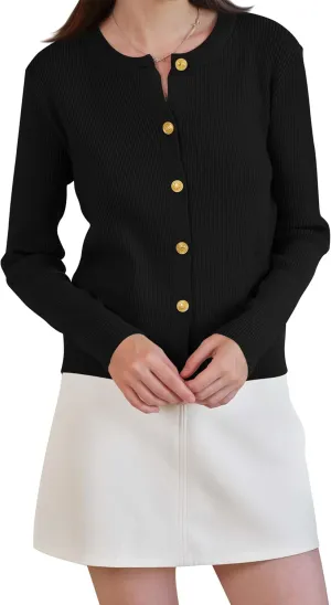 Women's Cardigan Sweater Lightweight Button Long Sleeve Top Fall Crew Neck Knit Solid Jackets Outfits