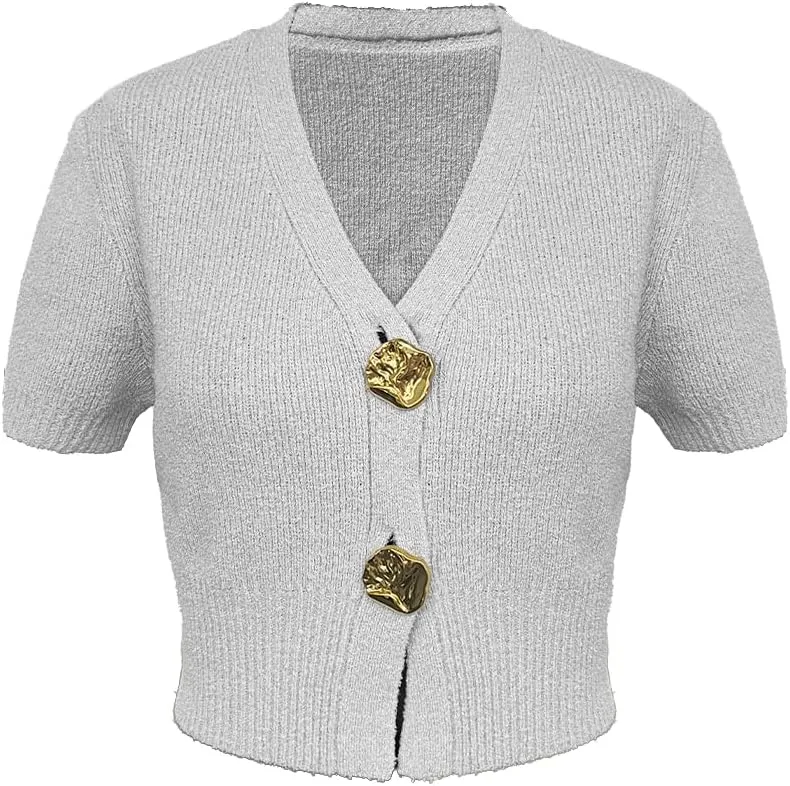 Women's Cardigan Sweaters Short Sleeve V Neck Gold Button Down Cropped Knit Casual Summer Tops