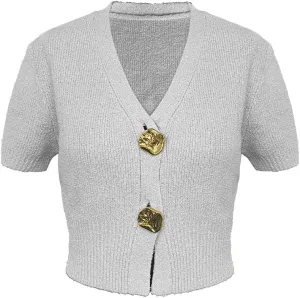 Women's Cardigan Sweaters Short Sleeve V Neck Gold Button Down Cropped Knit Casual Summer Tops