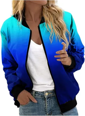 Women's Casual Floral Zip Up Bomber Jacket Long Sleeve Coat Stand Collar Lightweight Short Outwear Tops