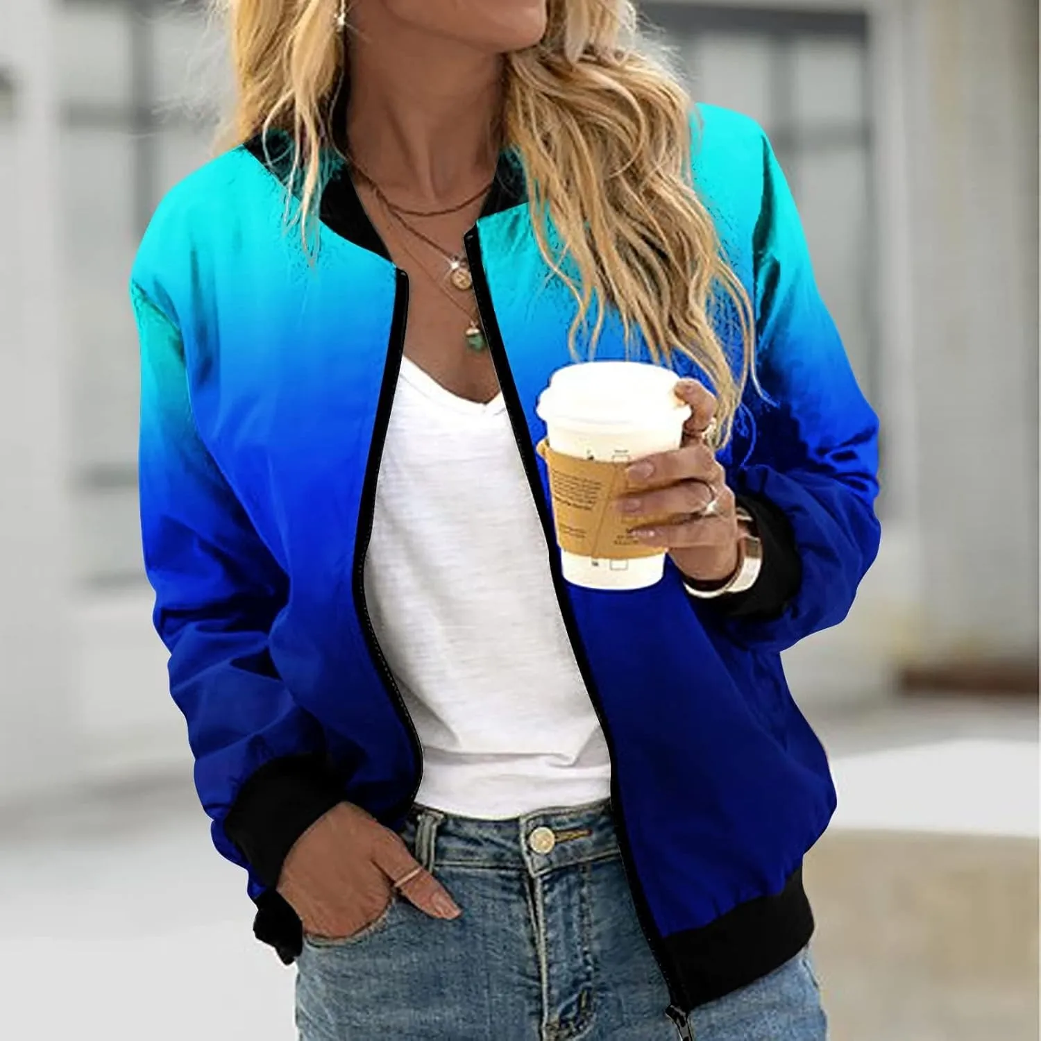 Women's Casual Floral Zip Up Bomber Jacket Long Sleeve Coat Stand Collar Lightweight Short Outwear Tops