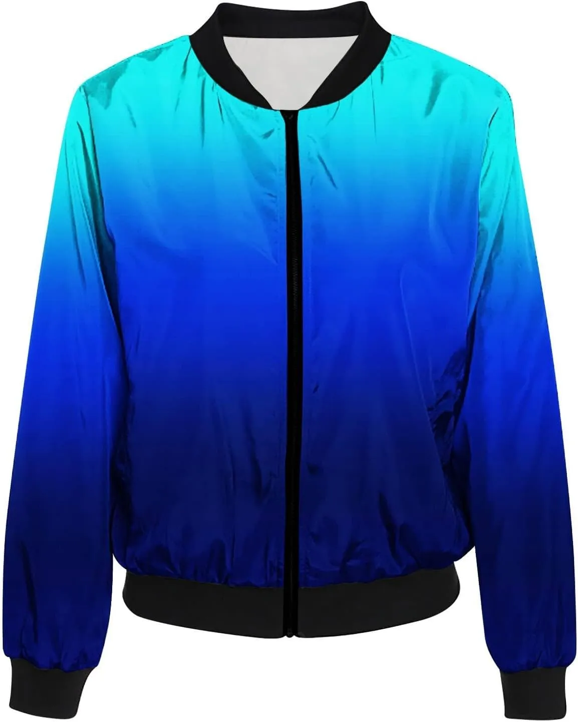 Women's Casual Floral Zip Up Bomber Jacket Long Sleeve Coat Stand Collar Lightweight Short Outwear Tops