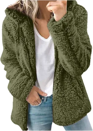 Womens Classic Drawstring Zipper Solid Overcoat Long Sleeve with Hood Outwear Comfort Warm Soft Fleece Coat Winter Suit