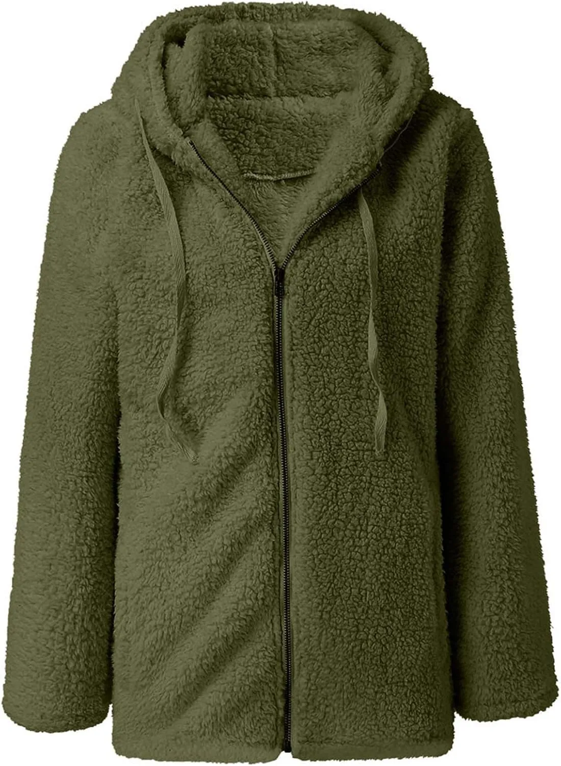 Womens Classic Drawstring Zipper Solid Overcoat Long Sleeve with Hood Outwear Comfort Warm Soft Fleece Coat Winter Suit