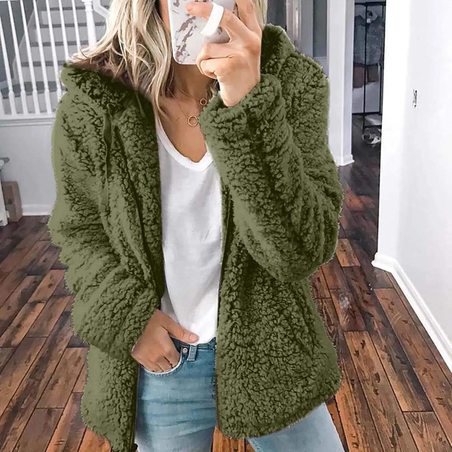 Womens Classic Drawstring Zipper Solid Overcoat Long Sleeve with Hood Outwear Comfort Warm Soft Fleece Coat Winter Suit