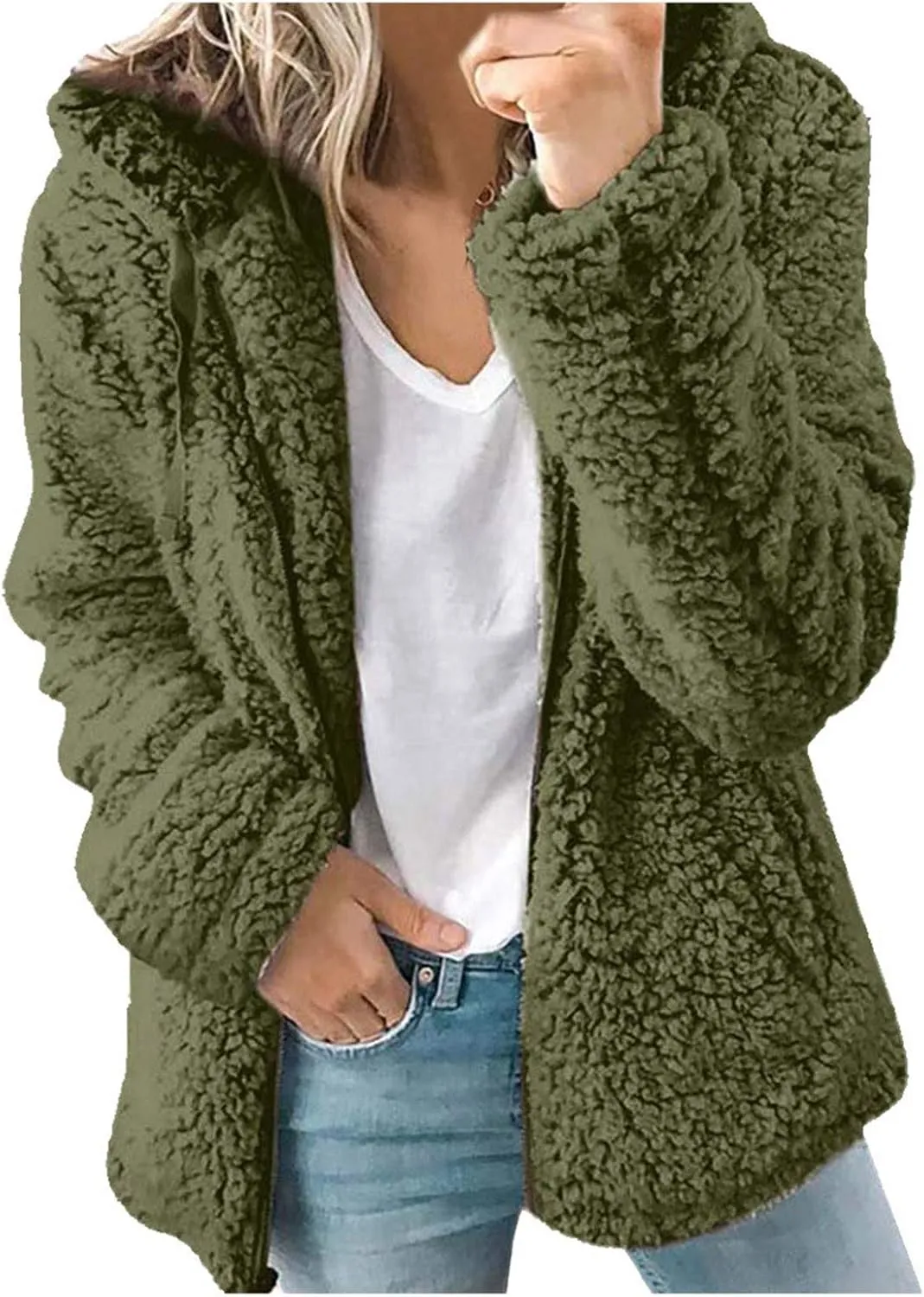 Womens Classic Drawstring Zipper Solid Overcoat Long Sleeve with Hood Outwear Comfort Warm Soft Fleece Coat Winter Suit