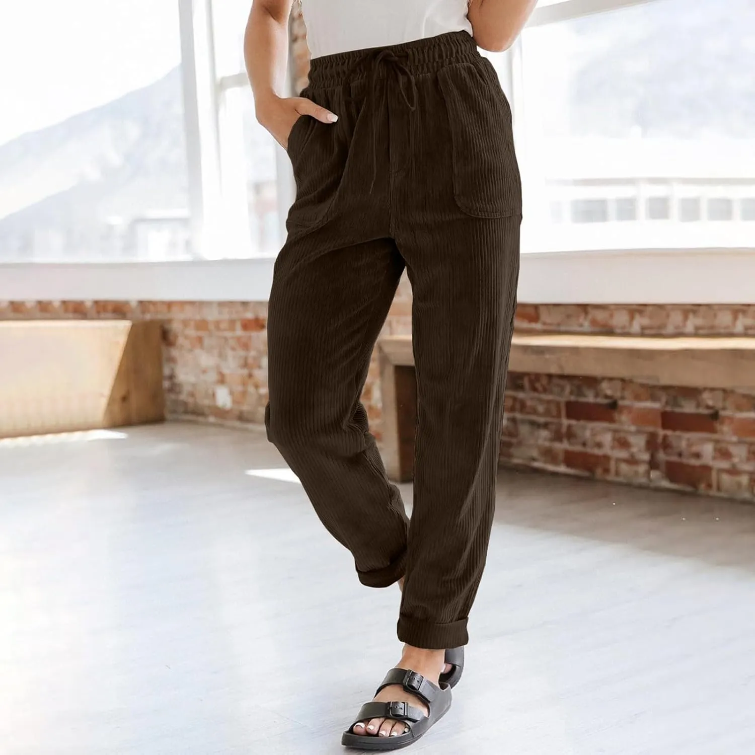 Womens Corduroy Pants Straight Leg Drawstring Elastic Waist Lounge Pants Casual Comfy Work Pants with Pockets