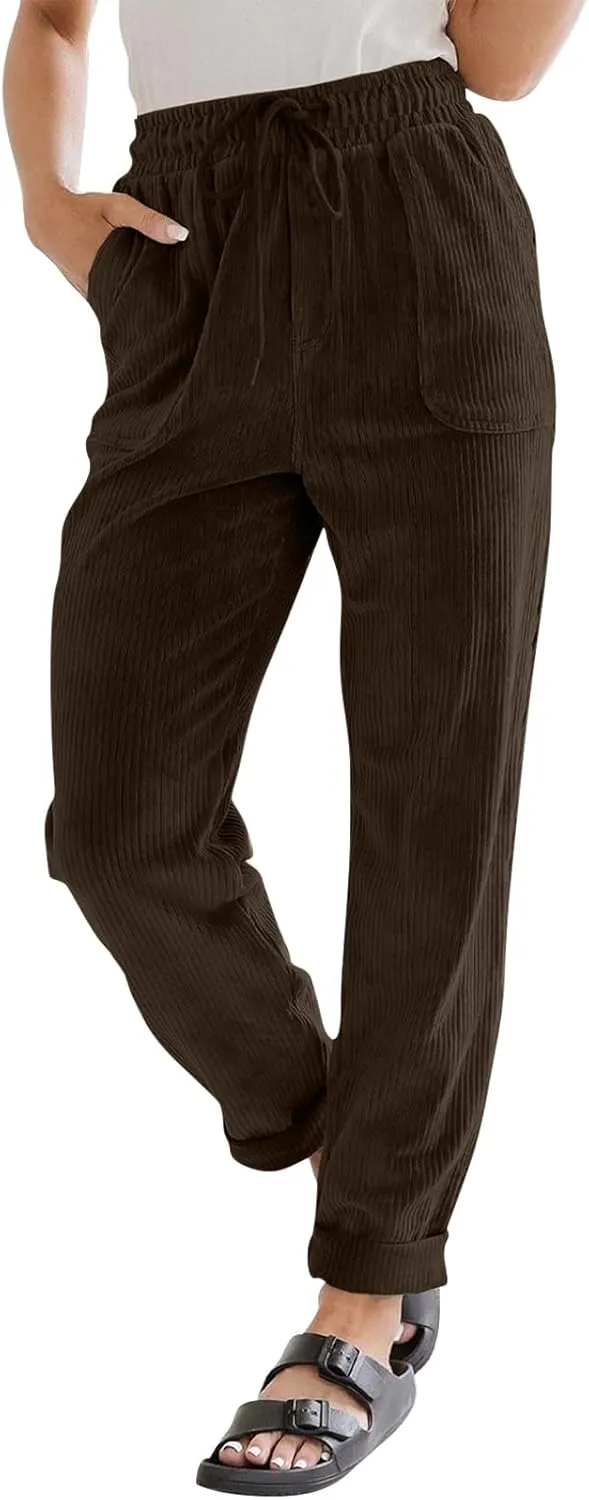 Womens Corduroy Pants Straight Leg Drawstring Elastic Waist Lounge Pants Casual Comfy Work Pants with Pockets
