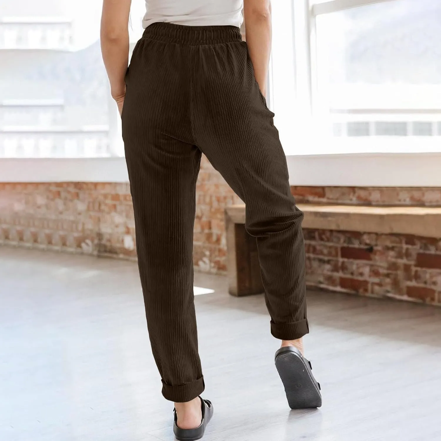 Womens Corduroy Pants Straight Leg Drawstring Elastic Waist Lounge Pants Casual Comfy Work Pants with Pockets
