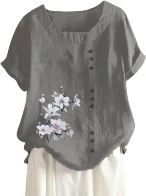 Women's Cotton Linen Shirts Short Sleeve Crewneck Blouse Button Casual Loose Fit T Shirt Linen Tunics for Women 2025
