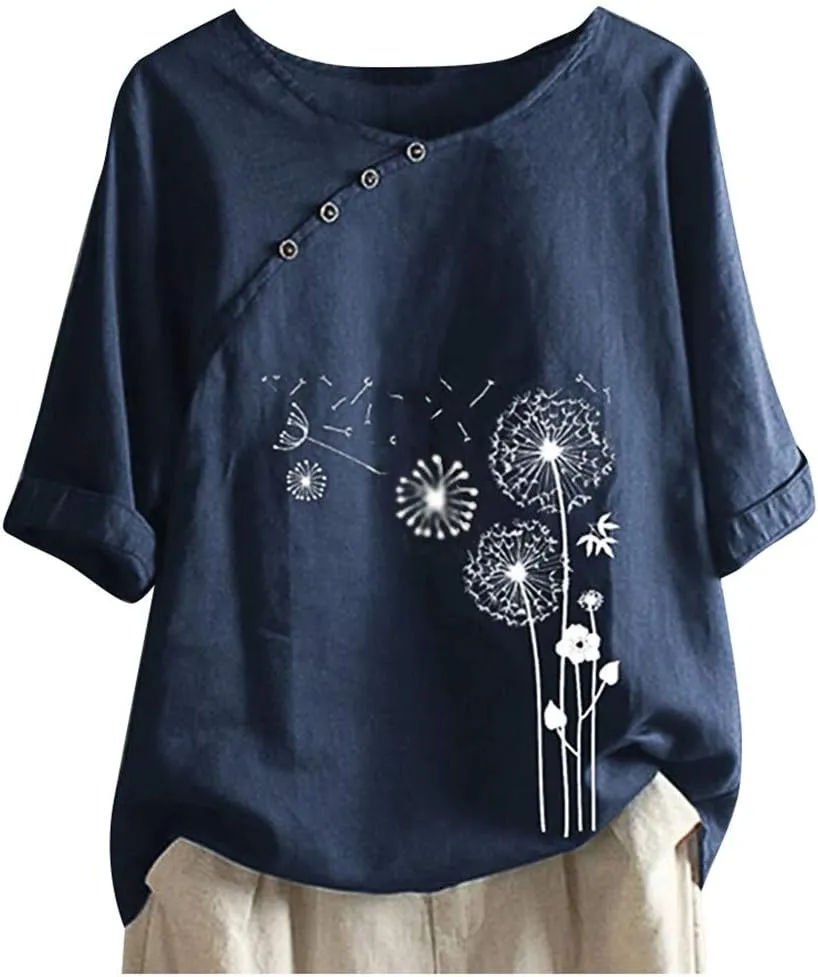 Women's Cotton Linen Shirts Short Sleeve Crewneck Blouse Button Casual Loose Fit T Shirt Linen Tunics for Women 2025