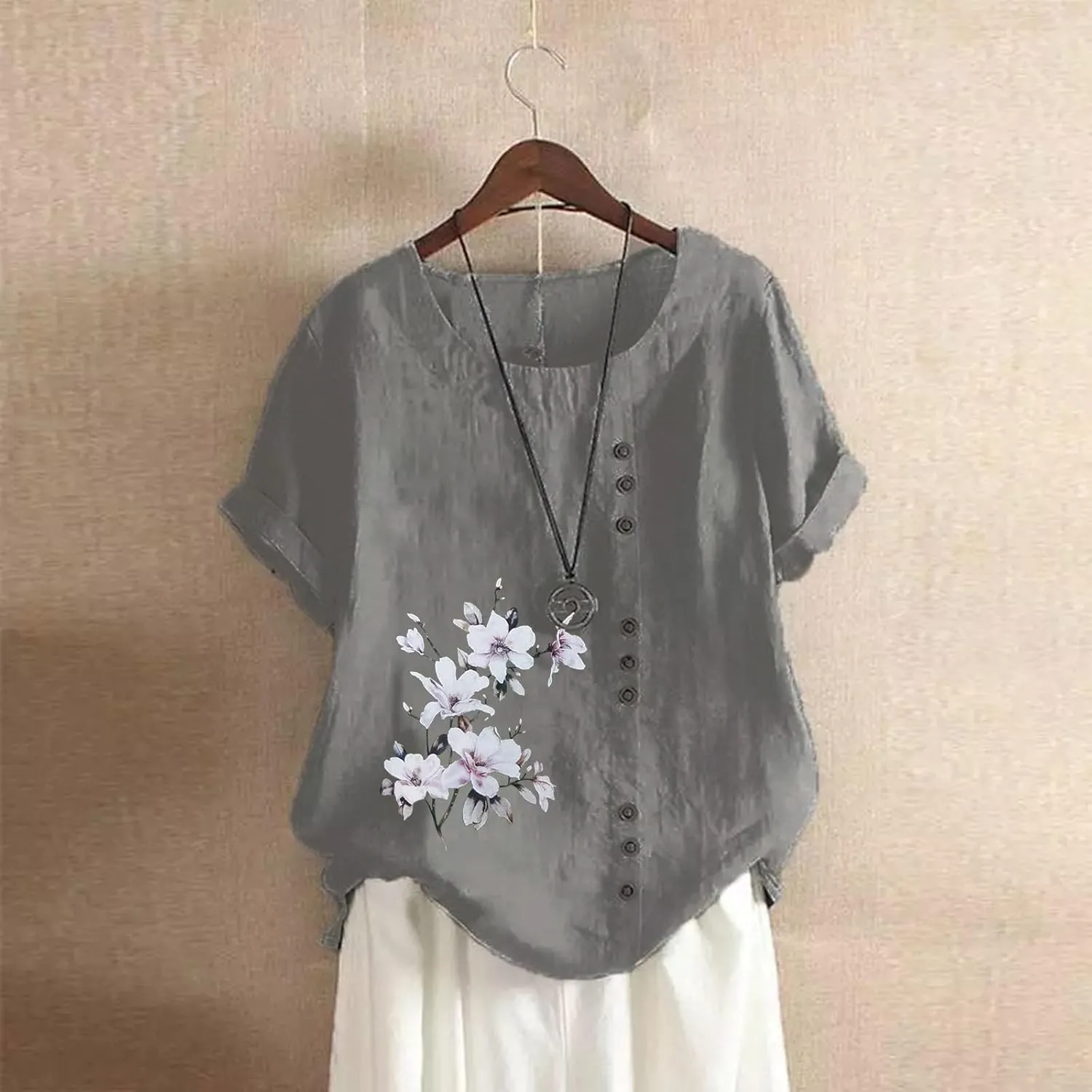 Women's Cotton Linen Shirts Short Sleeve Crewneck Blouse Button Casual Loose Fit T Shirt Linen Tunics for Women 2025