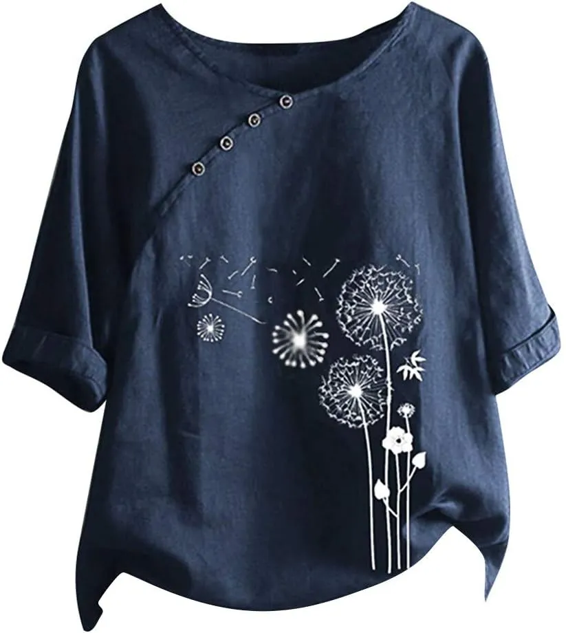 Women's Cotton Linen Shirts Short Sleeve Crewneck Blouse Button Casual Loose Fit T Shirt Linen Tunics for Women 2025