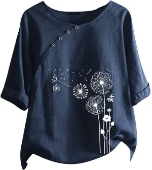 Women's Cotton Linen Shirts Short Sleeve Crewneck Blouse Button Casual Loose Fit T Shirt Linen Tunics for Women 2025