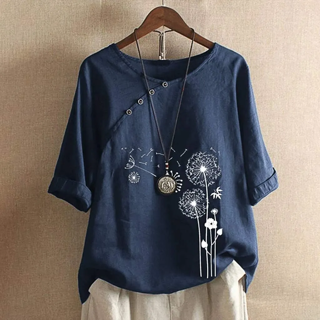 Women's Cotton Linen Shirts Short Sleeve Crewneck Blouse Button Casual Loose Fit T Shirt Linen Tunics for Women 2025