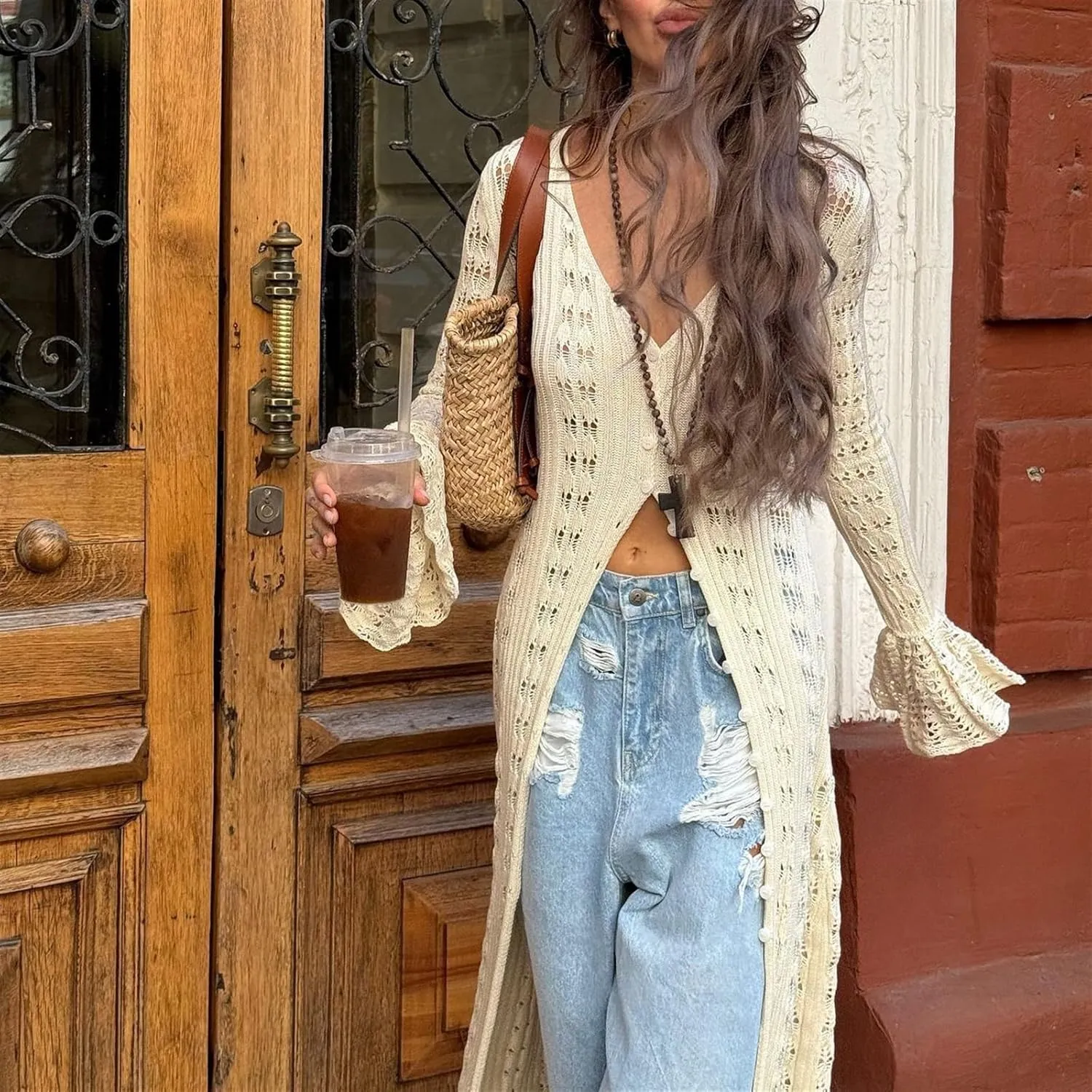 Womens Crochet Maxi Cardigan Sweaters Open Front Knit Long Sleeve Duster Cardigan Casual Winter Outfits(Large)