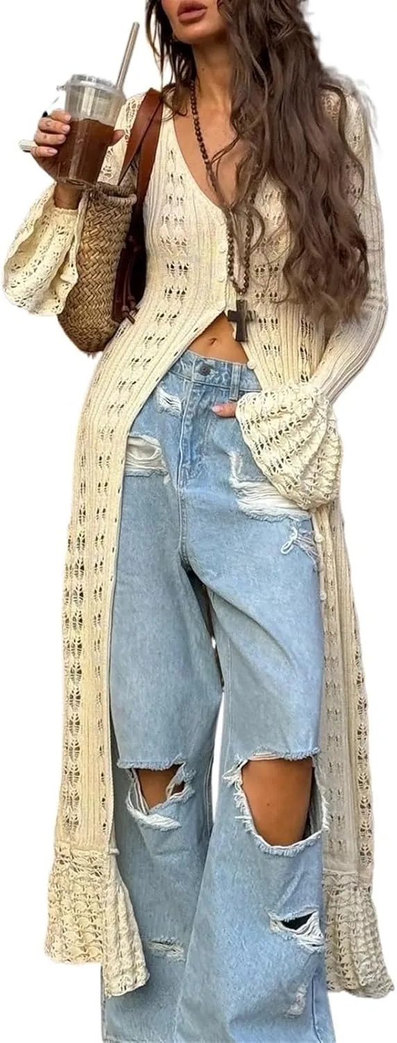 Womens Crochet Maxi Cardigan Sweaters Open Front Knit Long Sleeve Duster Cardigan Casual Winter Outfits(Large)