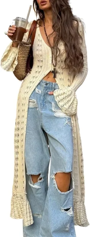 Womens Crochet Maxi Cardigan Sweaters Open Front Knit Long Sleeve Duster Cardigan Casual Winter Outfits(Large)