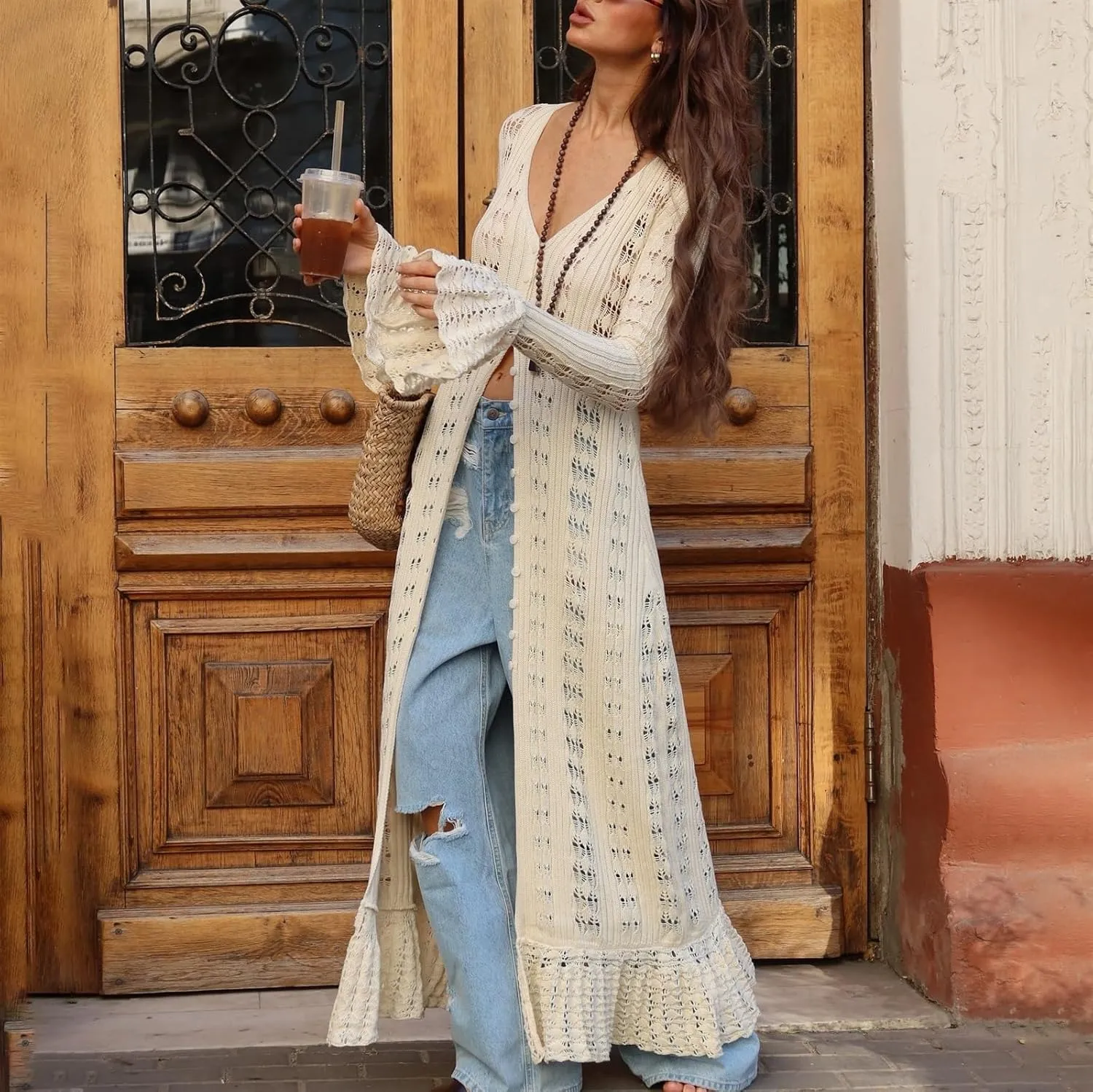 Womens Crochet Maxi Cardigan Sweaters Open Front Knit Long Sleeve Duster Cardigan Casual Winter Outfits(Large)
