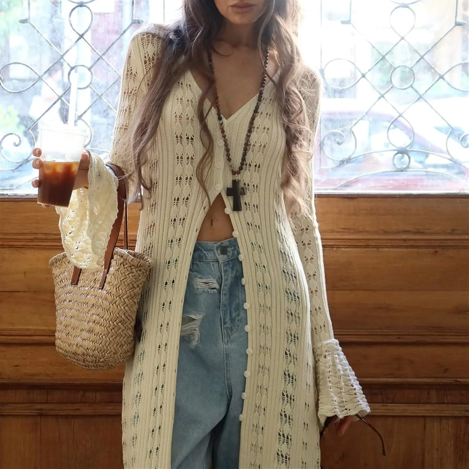Womens Crochet Maxi Cardigan Sweaters Open Front Knit Long Sleeve Duster Cardigan Casual Winter Outfits(Large)