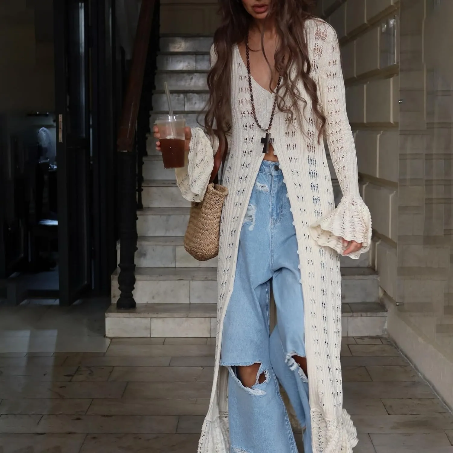 Womens Crochet Maxi Cardigan Sweaters Open Front Knit Long Sleeve Duster Cardigan Casual Winter Outfits(Large)