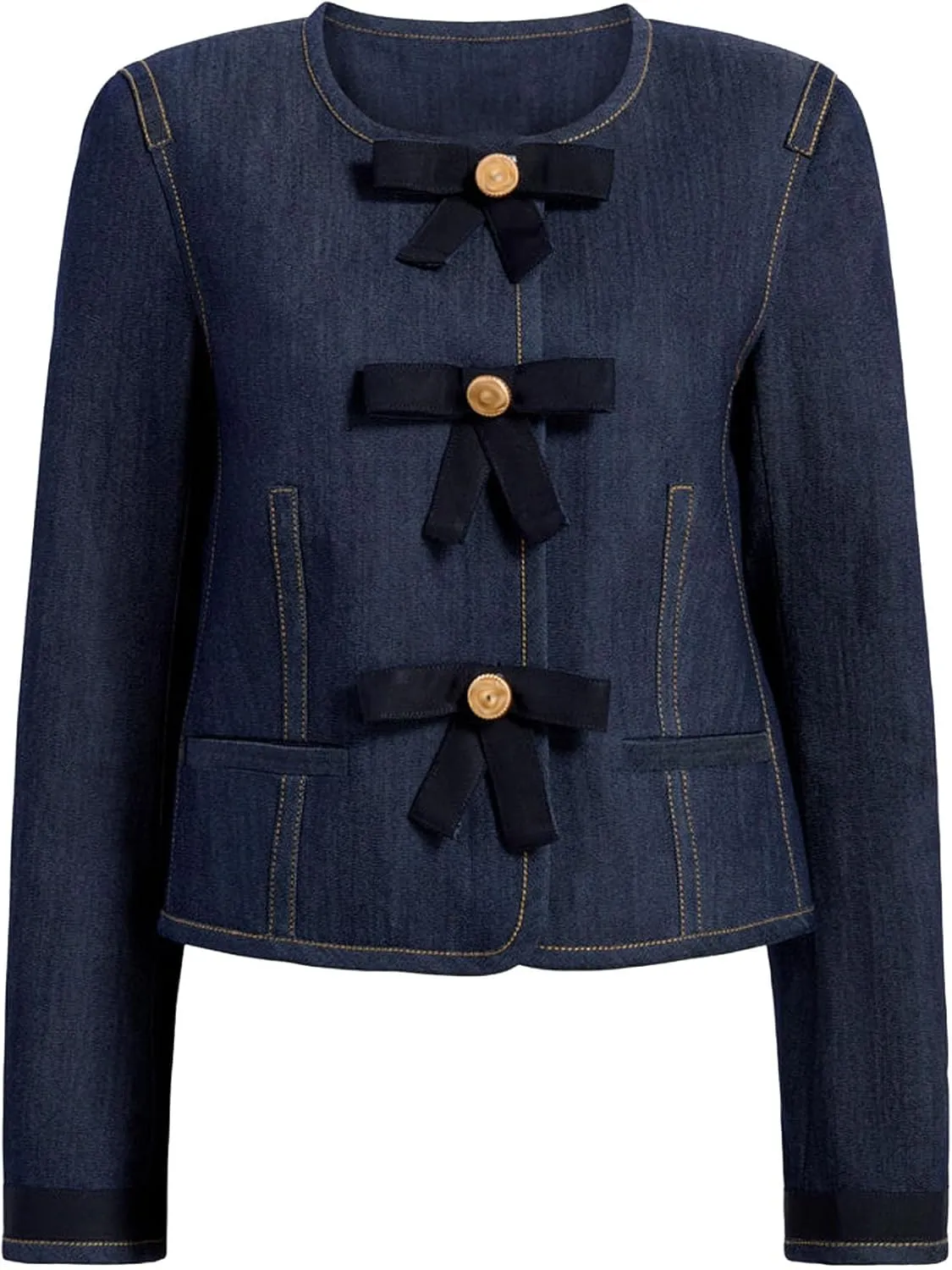 Women's Cropped Long Sleeve Denim Jacket Lightweight Crewneck Button Down Jacket Y2k Vintage Bowknot Jackets