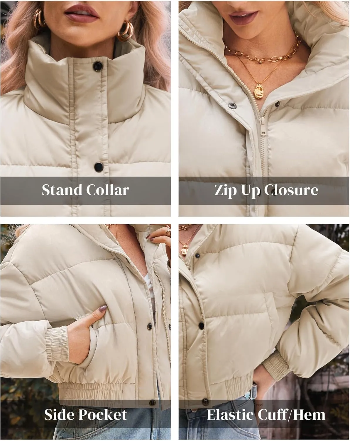 Women's Cropped Puffer Jacket Long Sleeve Puffy Coat Winter Lightweight Quilted Padded Outwear with Pockets