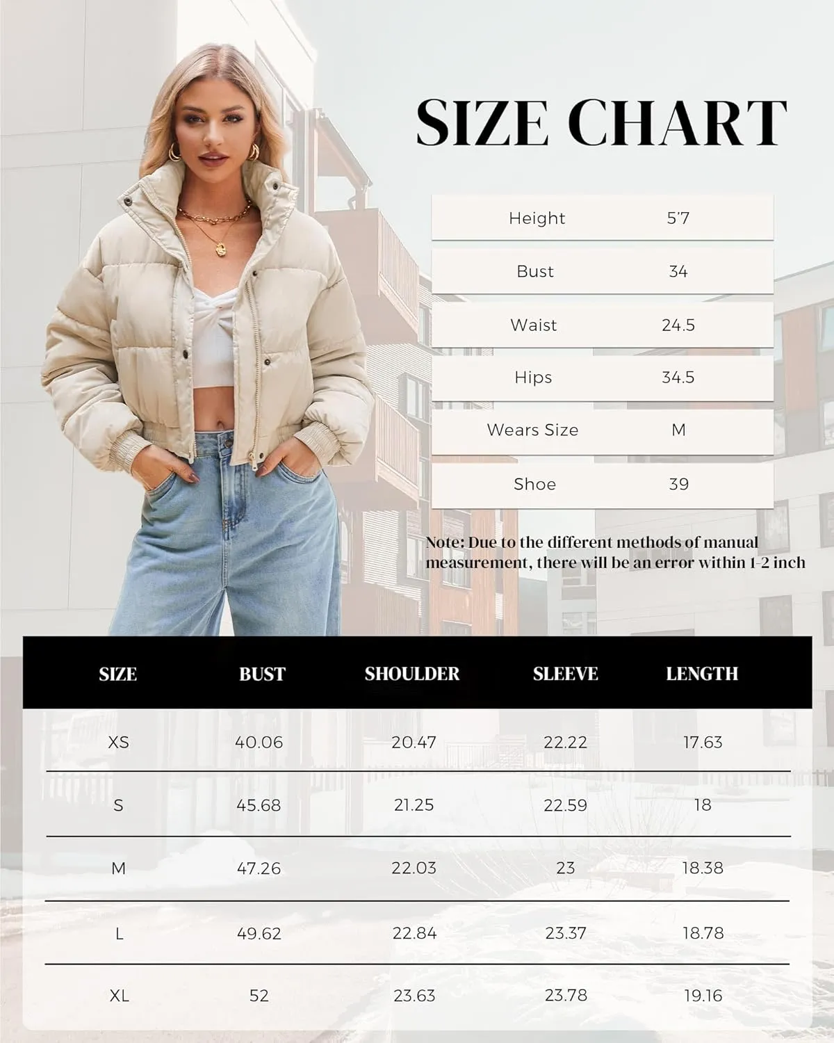 Women's Cropped Puffer Jacket Long Sleeve Puffy Coat Winter Lightweight Quilted Padded Outwear with Pockets