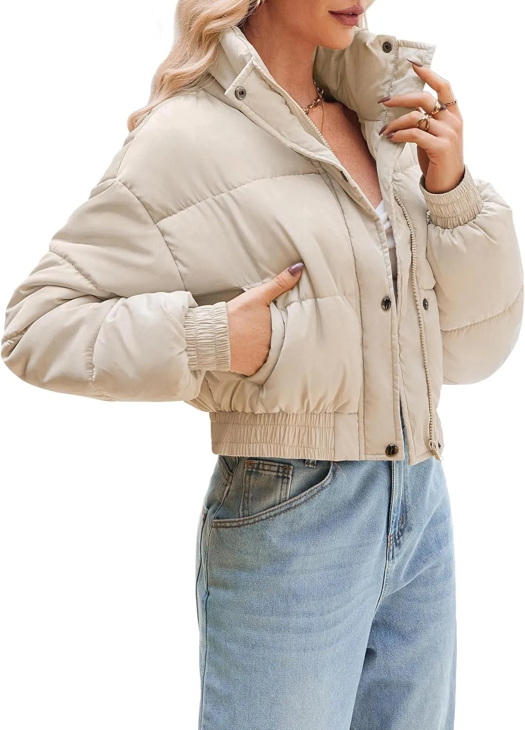 Women's Cropped Puffer Jacket Long Sleeve Puffy Coat Winter Lightweight Quilted Padded Outwear with Pockets