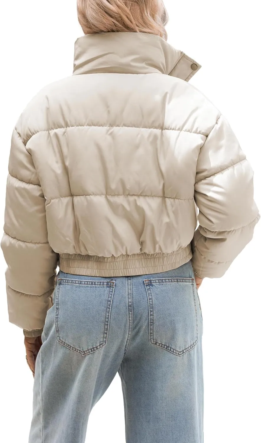 Women's Cropped Puffer Jacket Long Sleeve Puffy Coat Winter Lightweight Quilted Padded Outwear with Pockets