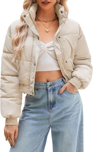 Women's Cropped Puffer Jacket Long Sleeve Puffy Coat Winter Lightweight Quilted Padded Outwear with Pockets