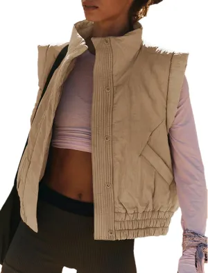 Women's Cropped Puffer Vest Lightweight Button Down Stand Collar Sleeveless Padded Gilet with Pockets