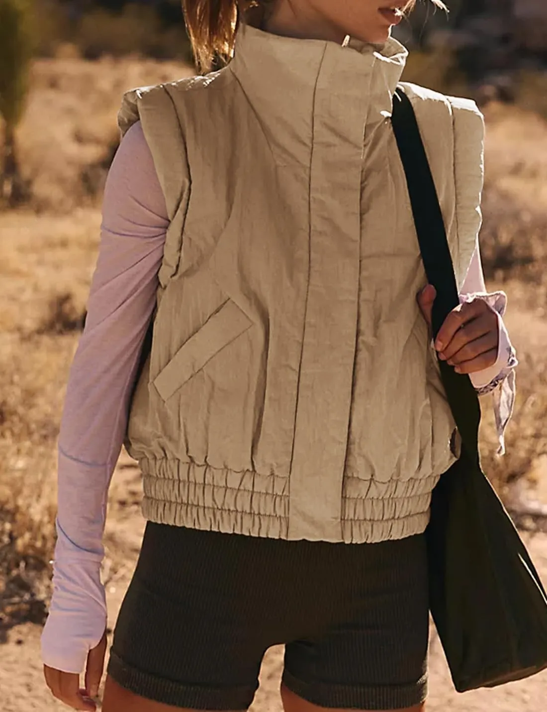 Women's Cropped Puffer Vest Lightweight Button Down Stand Collar Sleeveless Padded Gilet with Pockets