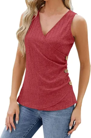 Women's Cross V Neck Casual Tank Side Button Embellished Summer Camisole Sleeveless Ribbed Knit Top Slim Sexy Shirt