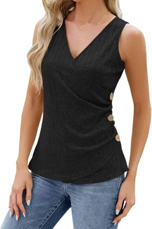 Women's Cross V Neck Casual Tank Side Button Embellished Summer Camisole Sleeveless Ribbed Knit Top Slim Sexy Shirt