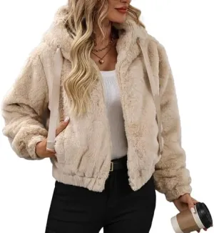 Women's Faux Fur Crop Coat Full Zip Fleece Sherpa Jacket with Hood