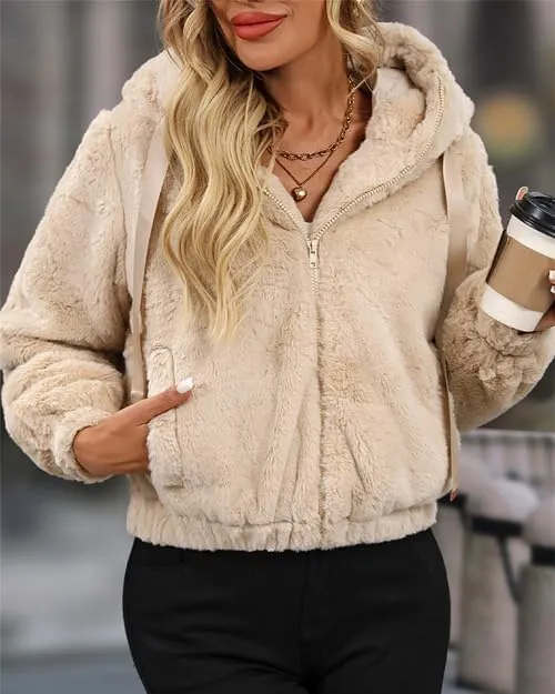 Women's Faux Fur Crop Coat Full Zip Fleece Sherpa Jacket with Hood