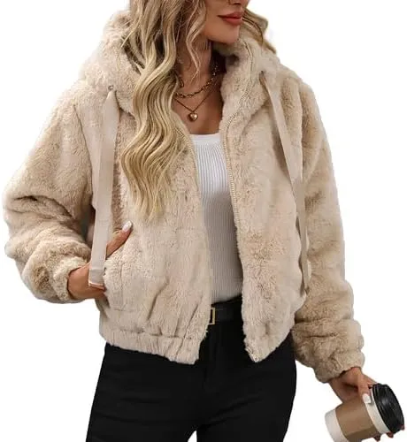 Women's Faux Fur Crop Coat Full Zip Fleece Sherpa Jacket with Hood