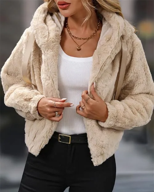 Women's Faux Fur Crop Coat Full Zip Fleece Sherpa Jacket with Hood