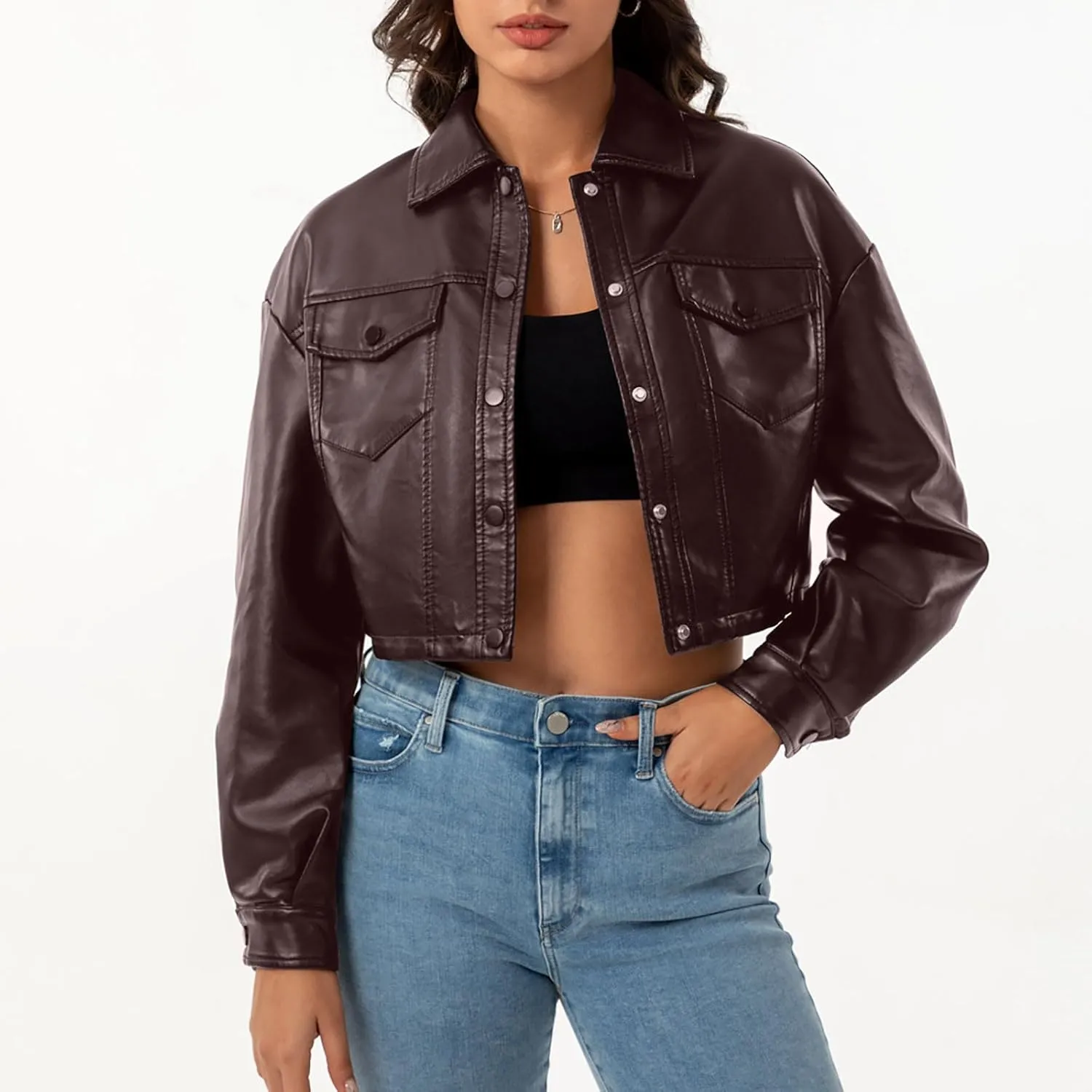 Women's Faux Leather Jacket Zip Up Cropped Bomber Jacket Moto Biker Motorcycle Jackets Fall Fashion Y2k Clothes 2024
