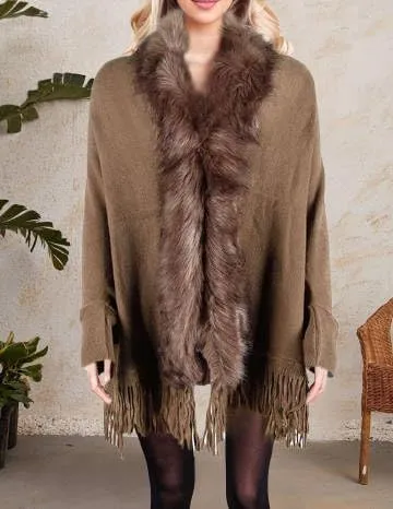 Womens Fringe Poncho Knitted Sweaters Cape Faux Fur Trim Shawl Wraps Batwing Sleeve Cloak Open Front Cardigan Scarf for Women