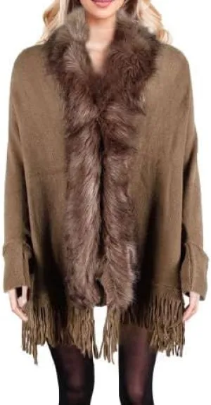 Womens Fringe Poncho Knitted Sweaters Cape Faux Fur Trim Shawl Wraps Batwing Sleeve Cloak Open Front Cardigan Scarf for Women