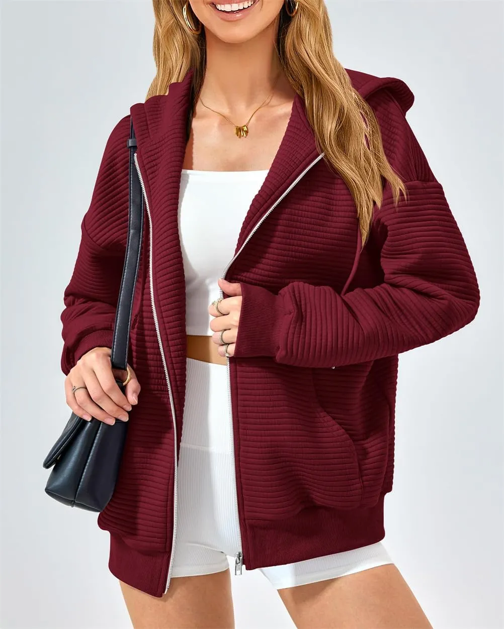 Women's Full Zip Up Hoodie Fall Outfits 2024 Oversized Hoodies Womens Waffle Knit Jacket with Pocket