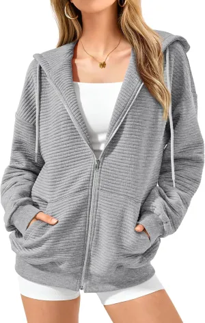 Women's Full Zip Up Hoodie Fall Outfits 2024 Oversized Hoodies Womens Waffle Knit Jacket with Pocket