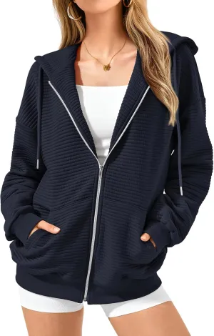 Women's Full Zip Up Hoodie Fall Outfits 2024 Oversized Hoodies Womens Waffle Knit Jacket with Pocket