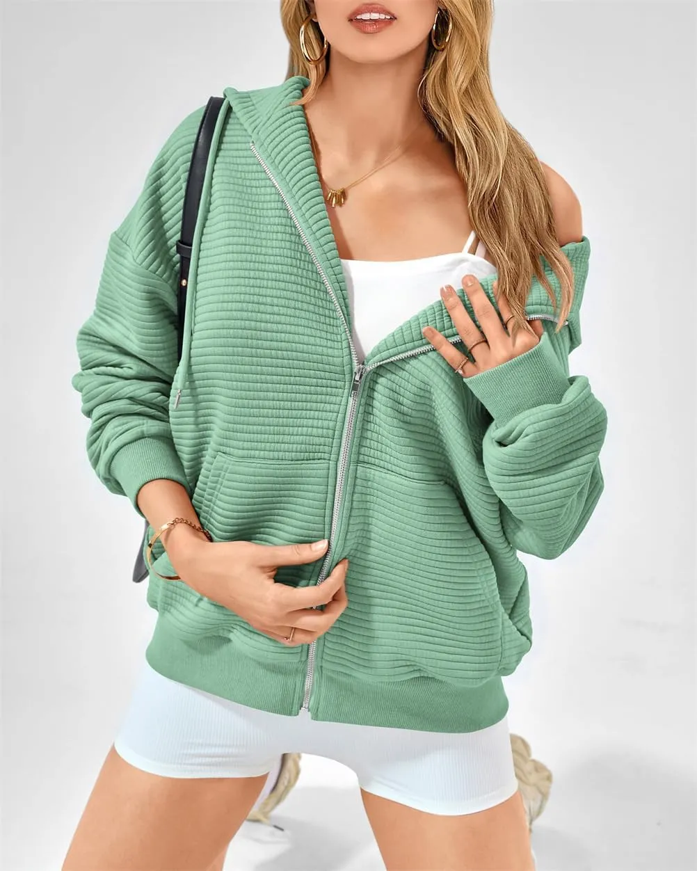 Women's Full Zip Up Hoodie Fall Outfits 2024 Oversized Hoodies Womens Waffle Knit Jacket with Pocket