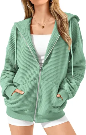 Women's Full Zip Up Hoodie Fall Outfits 2024 Oversized Hoodies Womens Waffle Knit Jacket with Pocket